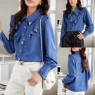 Women Turn-down Collar Solid Blouse Ladies Long Sleeve Ruffles Shirt Tops. Fixed Price $12.99.
